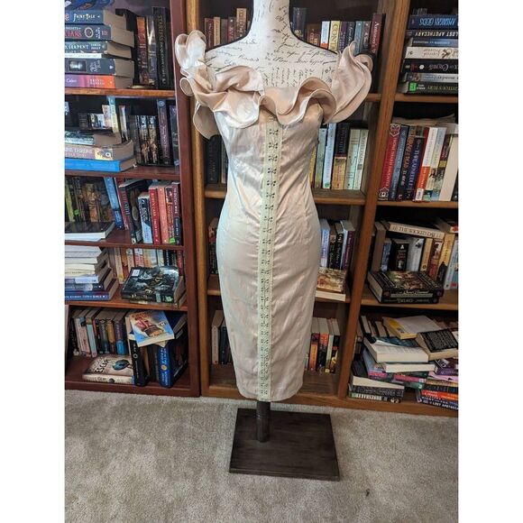 PRETTY little thing champagne cocktail dress body con satin ruffled neckline nwt - Picture 1 of 9